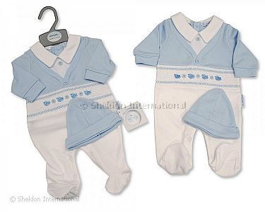 Smocked Baby Boys Faux 2 pcs Set with Hat - Little Birds - Wholesale