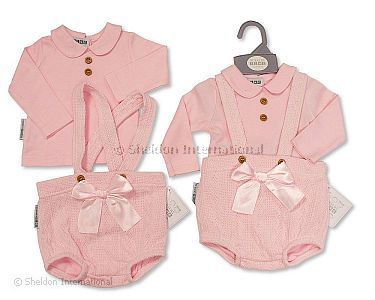 Baby Girls 2 pcs Short Dungaree Set with Bow - Wholesale