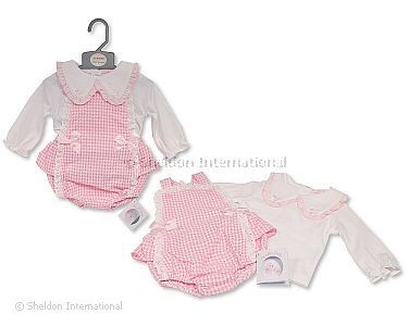 Baby Girls 2 pcs Short Dungaree Set with Lace and Bows - Wholesale