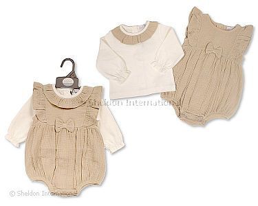 Baby Girls 2 pcs Romper Set with Bow - Taupe - Wholesale