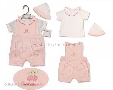 Baby Girls Box Dungaree Set with Hat - Sweet Cherries - Wholesale