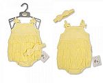 Baby Girls Tiered Romper with Bows and Headband - Lemon