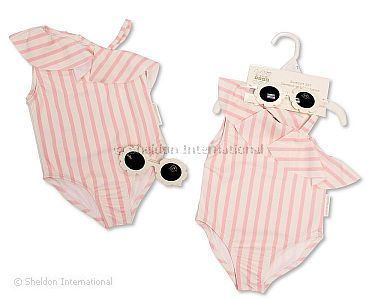 Baby Girls Ruffle Neck Swimsuit with Sunglasses - Pink - Wholesale
