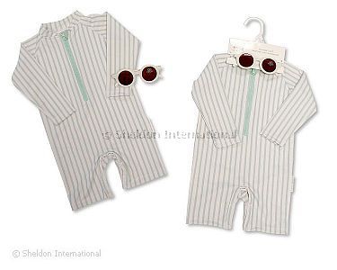 Baby Boys Zip Up Swimsuit with Sunglasses - Sage - Wholesale
