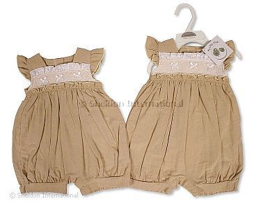 Baby Girls Linen Romper with Smocking and Bows - Wholesale