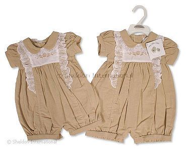 Baby Girls Linen Romper with Lace and Embroidery - Wholesale