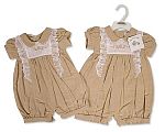 Baby Girls Linen Romper with Lace and Embroidery