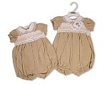 Wholesale Girls Linen Romper with Lace, Smocking and Bow