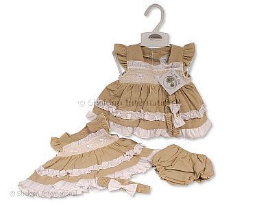 Tiered Baby Linen Dress with Smocking and Bows - Wholesale