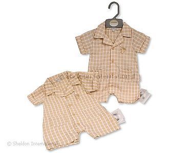 Baby Boys Chequered Romper with Pockets - Bunny - Wholesale