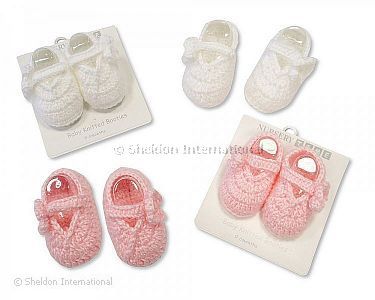 Knitted Baby Booties - Pink and White - 344 - Wholesale