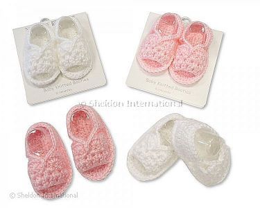 Knitted Baby Booties - Pink and White - 345 - Wholesale