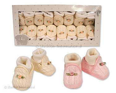 Baby Girls Cotton Booties with Integrated Socks and Rosebud - Wholesale