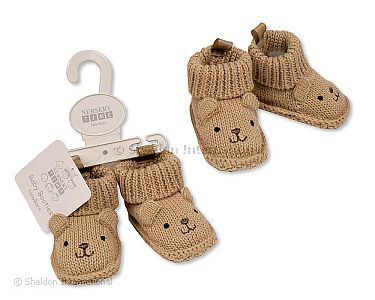 Knitted Baby Booties with Teddy Face Embroidery and Ears - Taupe - Wholesale