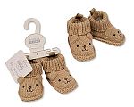 Wholesale Knitted Booties with Teddy Face Embroidery and Ears - Taupe