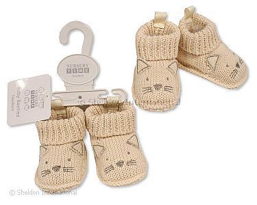 Knitted Baby Booties with Cat Face Embroidery and Ears - Wholesale