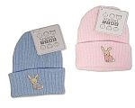 Knittted Baby Hat with Rabbit Embroidery - Pink/Sky