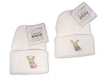 Knittted Baby Hat with Rabbit Embroidery - White/Pink- White/Sky