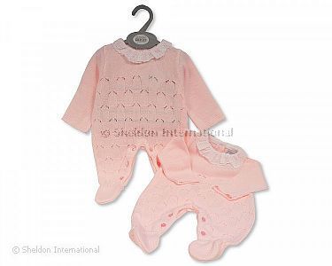 Baby Girls Knitted Long Romper with Pointelle Pattern and Lace - Wholesale