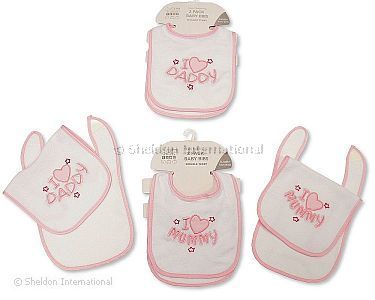 Baby Girls Bibs 2-Packs with Double Terry - I Love Mummy/ Daddy - Wholesale