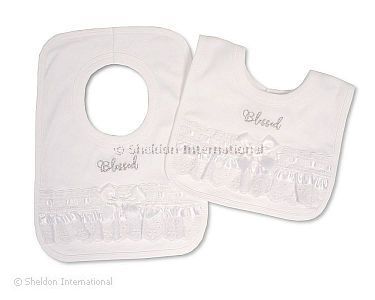 Baby Christening Pop-Over Bibs with Lace and Bow - Blessed - Wholesale