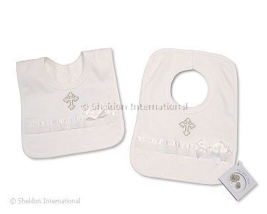 Baby Christening Pop-Over Bibs with Lace and Bow - Cross - Wholesale
