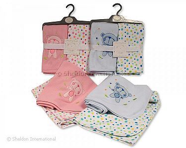 Baby Cotton Receiving Wraps 2-Pack - Teddy/Spots - Wholesale