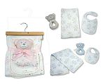Baby Muslin Blanket with Bib and Bear Rattle on Hanger