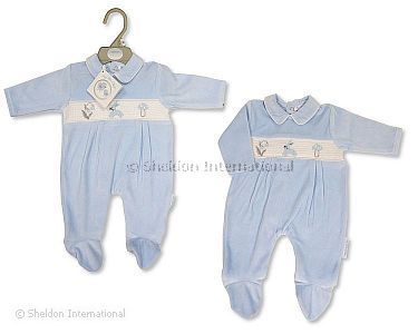 Baby Boys Velour All in One with Smocking - Bunny - Wholesale
