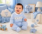 Baby Boys Velour All in One with Smocking - Space Adventure
