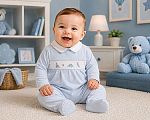 Baby Boys Velour All in One with Smocking - Dino