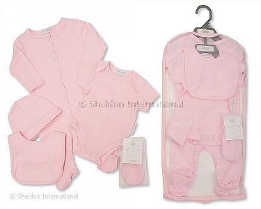 Baby 5 pcs Gift Set in Mesh Bag - Plain Pink - Wholesale