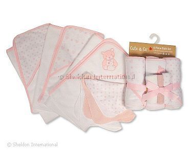 Baby Girls 6 pcs Hooded Towel and Wash Cloth Bath Set - Wholesale