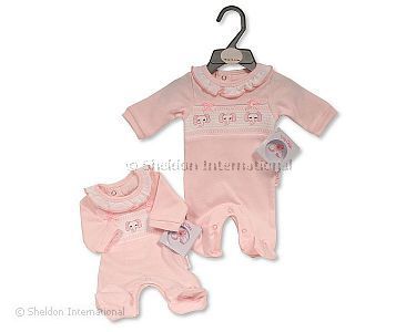 Premature Baby Girls All in One with Smocking and Bows - Elephant - Wholesale
