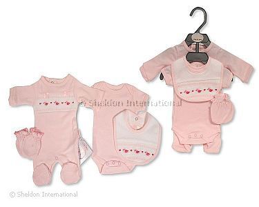 Premature Baby Girls 4 pcs Set with Smocking and Bows -Ducks - Wholesale