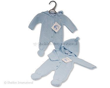Knitted Premature Baby Boys Hooded All in One with Pompom - Wholesale