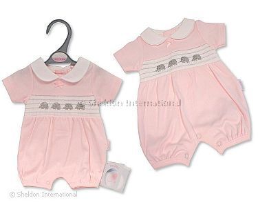 Premature Baby Girls Romper with Smocking and Bow - Elephant - Wholesale