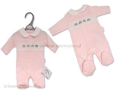 Premature Baby Girls Sleepsuit with Smocking and Bow- Elephant - Wholesale