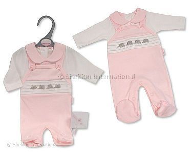 Premature Baby Girls Sleepsuit with Smocking and Bow - Elephant - Wholesale