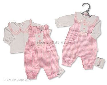 Premature Baby Girls 2 pcs Long Dungaree Set with Bows - Wholesale