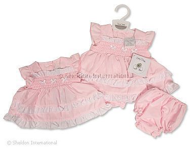 Tiered Premature Baby Dress with Smocking and Bows - Wholesale