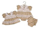 Wholesale Premature Linen Dress with Lace, Smocking and Bow